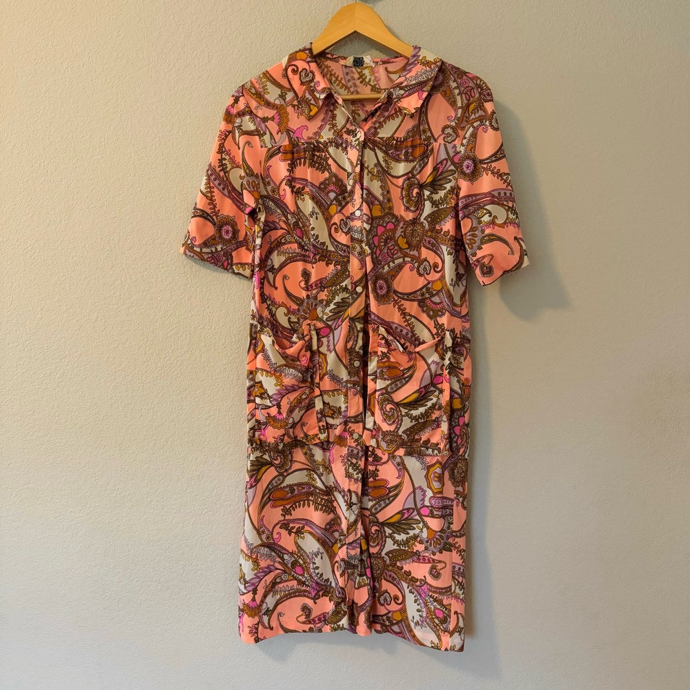 Vintage 60s nylon nightgown robe housecoat psychedelic paisley peach pink sz M